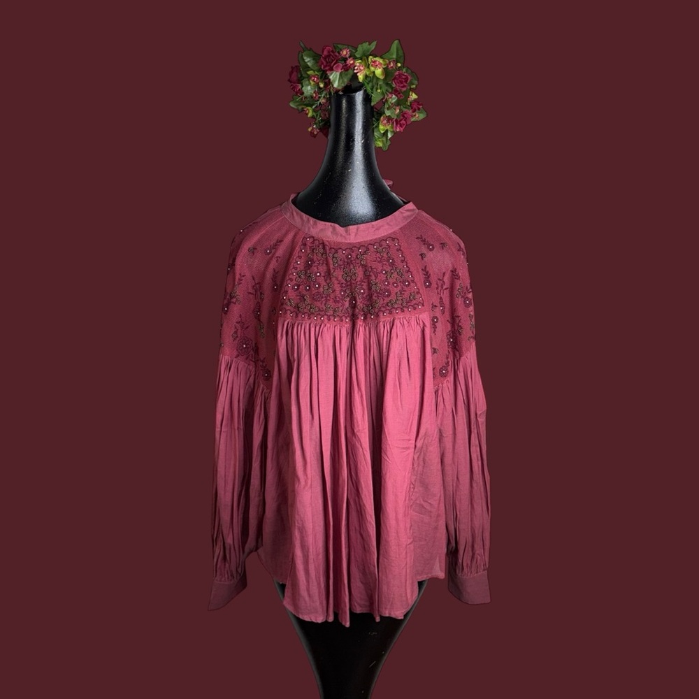 Free People Mesh Beaded Embroidered Balloon Sleeve
Tie Back Blouse. - Picture 15 of 16